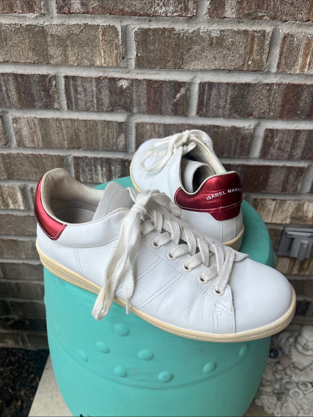 Isabel Marant Etoile White Leather Sneakers with Metallic Red Heel Tab 39